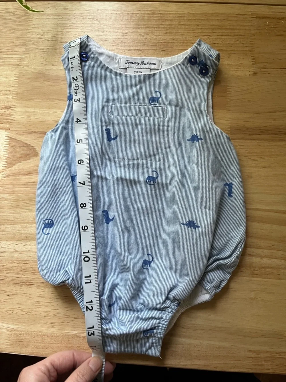 Tommy Bahama 6-9 M Light Blue White Striped Baby Bubble Romper Dinosaurs Overall